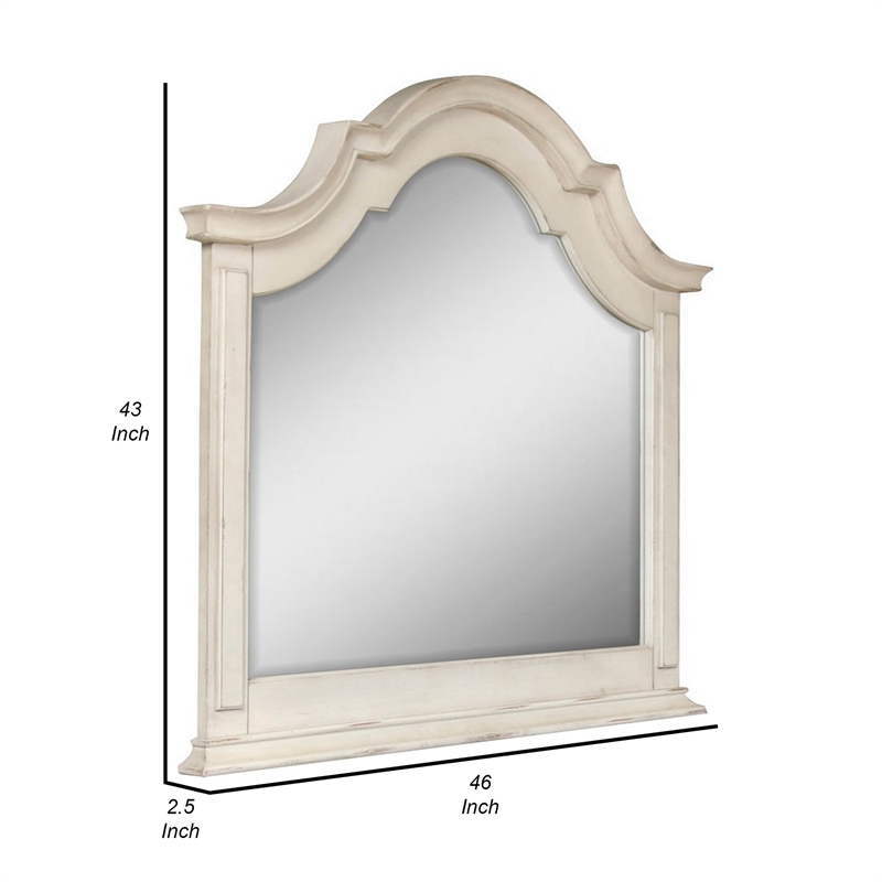 Benjara Maia 43 x 46 Dresser Mirror with Curved Top- Poplar & Oak- Antique White