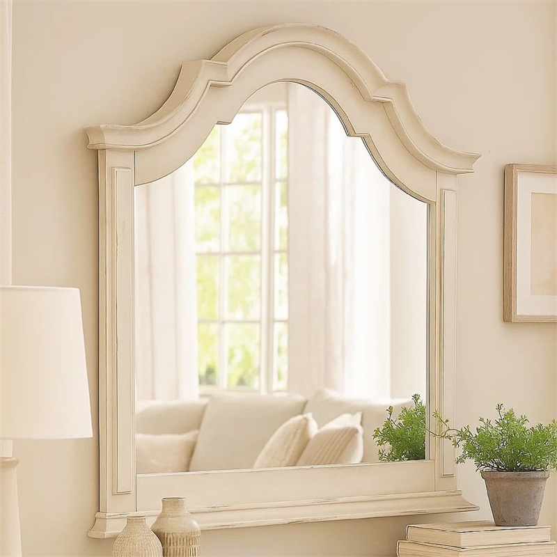 Benjara Maia 43 x 46 Dresser Mirror with Curved Top- Poplar & Oak- Antique White