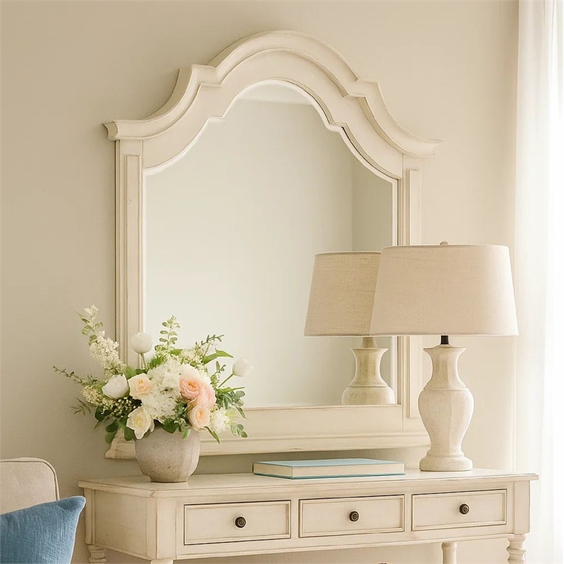 Benjara Maia 43 x 46 Dresser Mirror with Curved Top- Poplar & Oak- Antique White