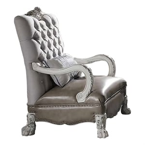 Benjara 35&quot Ornate Chair with Pillow- Carved Button Tufted Back- White Velvet