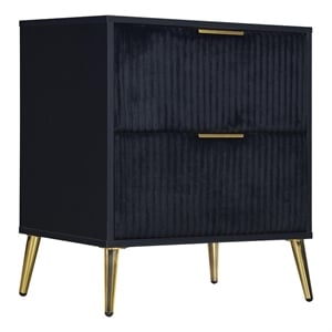 Benjara Moko 26&quot Nightstand- 2 Ribbed Soft Upholstered Drawers- Black- Gold