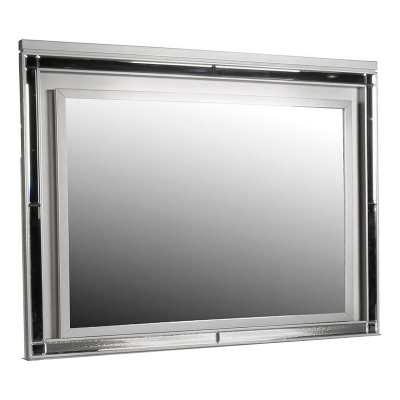 Benjara Lee 38 x 50 Dresser Mirror- Modern LED Light Trim- Silver Hardwood Frame