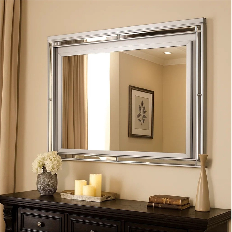 Benjara Lee 38 x 50 Dresser Mirror- Modern LED Light Trim- Silver Hardwood Frame
