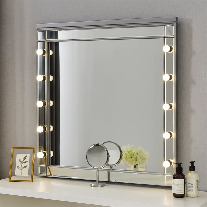 Benjara Lee 37 x 40 Vanity Mirror-10 Light Bulb Sockets-Modern Silver Wood Frame