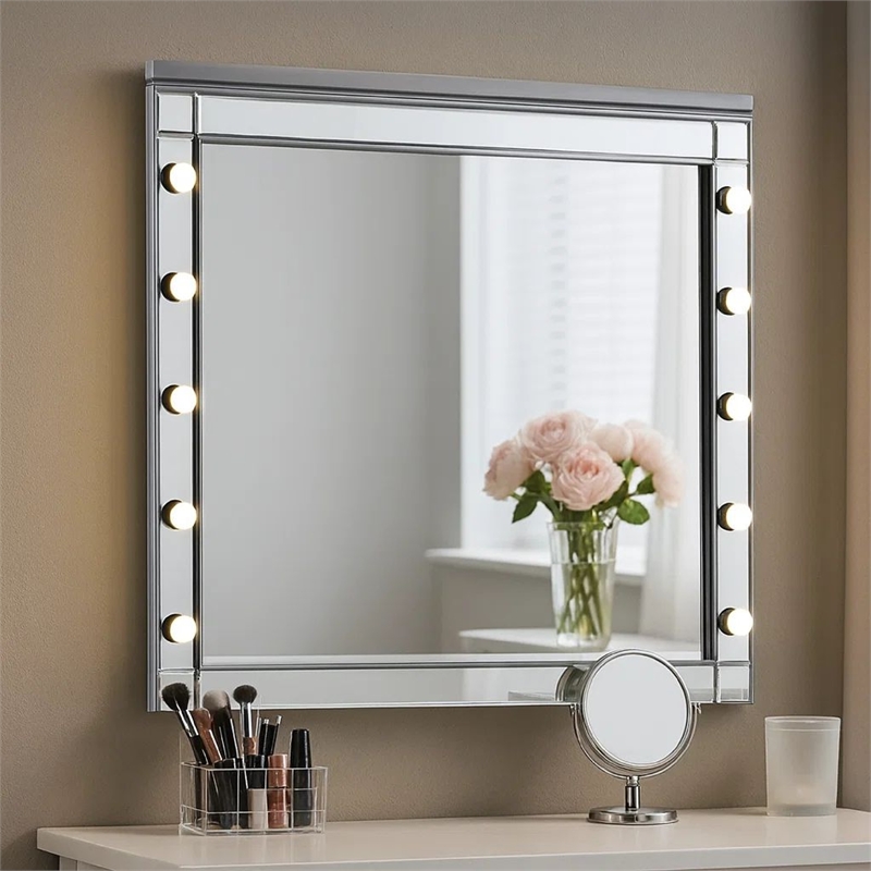 Benjara Lee 37 x 40 Vanity Mirror-10 Light Bulb Sockets-Modern Silver Wood Frame