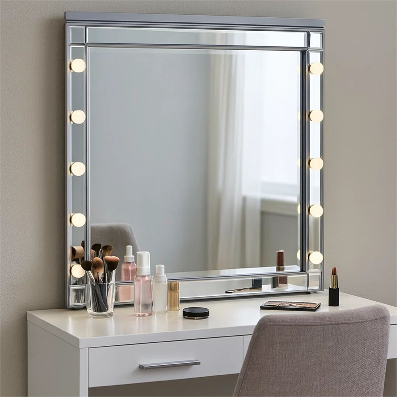 Benjara Lee 37 x 40 Vanity Mirror-10 Light Bulb Sockets-Modern Silver Wood Frame