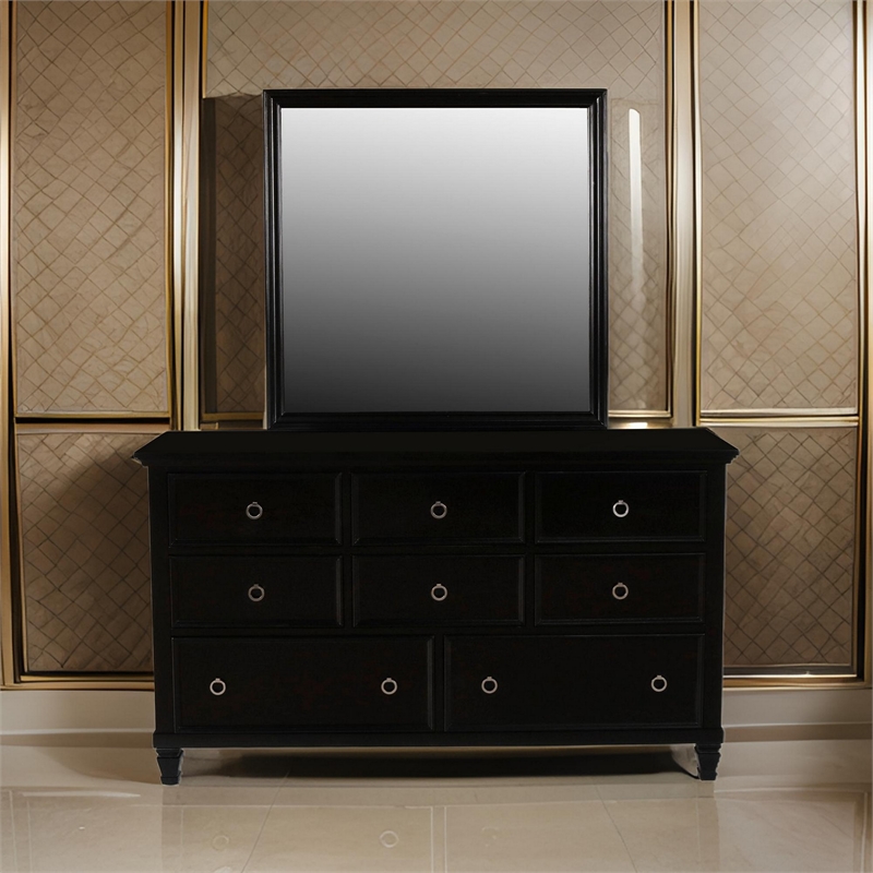 Benjara Umi 39 x 39 Dresser Mirror- Molded Design Solid Wood Black Square Frame