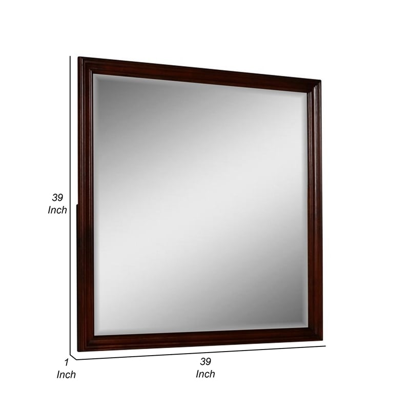 Benjara Umi 39 x 39 Dresser Mirror- Molded Design Solid Wood Cherry Square Frame