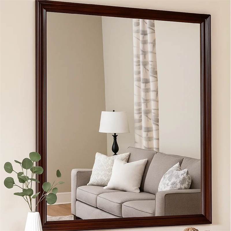 Benjara Umi 39 x 39 Dresser Mirror- Molded Design Solid Wood Cherry Square Frame