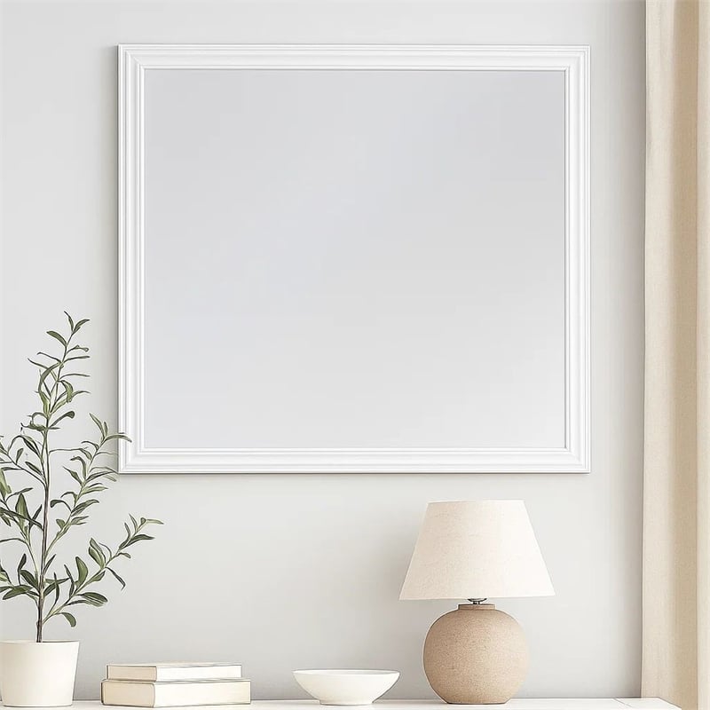 Benjara Umi 39 x 39 Dresser Mirror- Molded Design Solid Wood White Square Frame