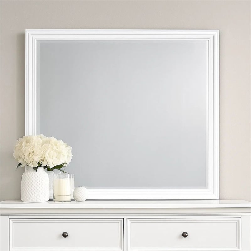 Benjara Umi 39 x 39 Dresser Mirror- Molded Design Solid Wood White Square Frame