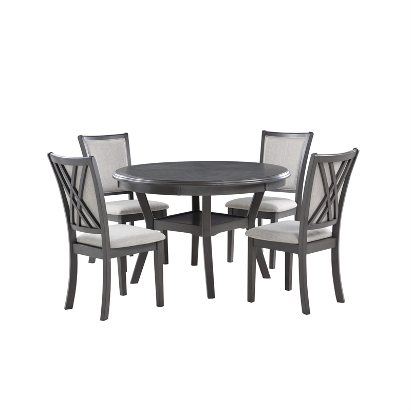 Benjara Isla 5 Piece Dining Table Set- Diamond Pattern- 4 Crossback Chairs- Gray