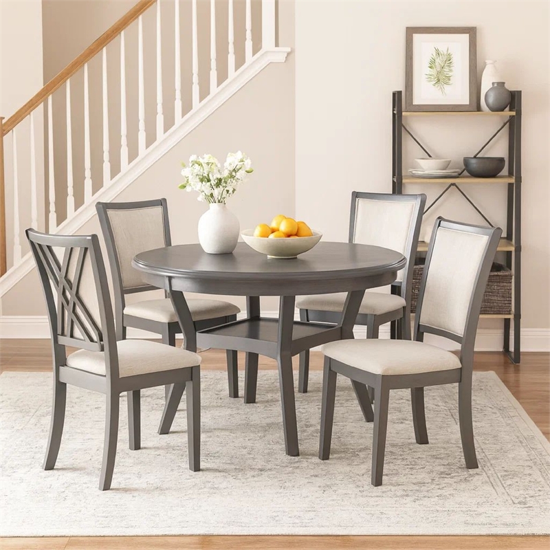 Benjara Isla 5 Piece Dining Table Set- Diamond Pattern- 4 Crossback Chairs- Gray