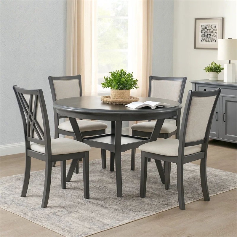 Benjara Isla 5 Piece Dining Table Set- Diamond Pattern- 4 Crossback Chairs- Gray
