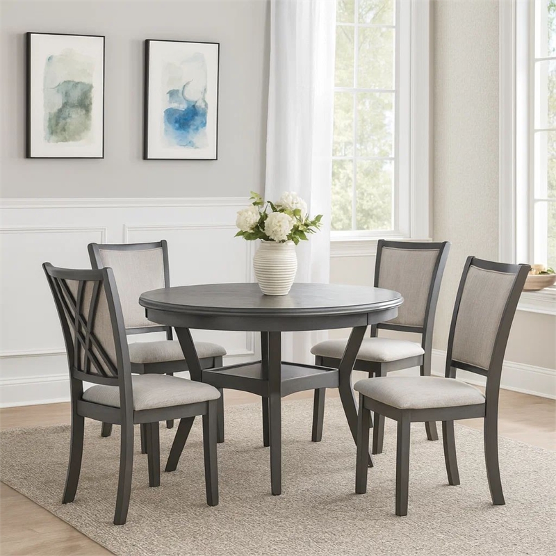 Benjara Isla 5 Piece Dining Table Set- Diamond Pattern- 4 Crossback Chairs- Gray
