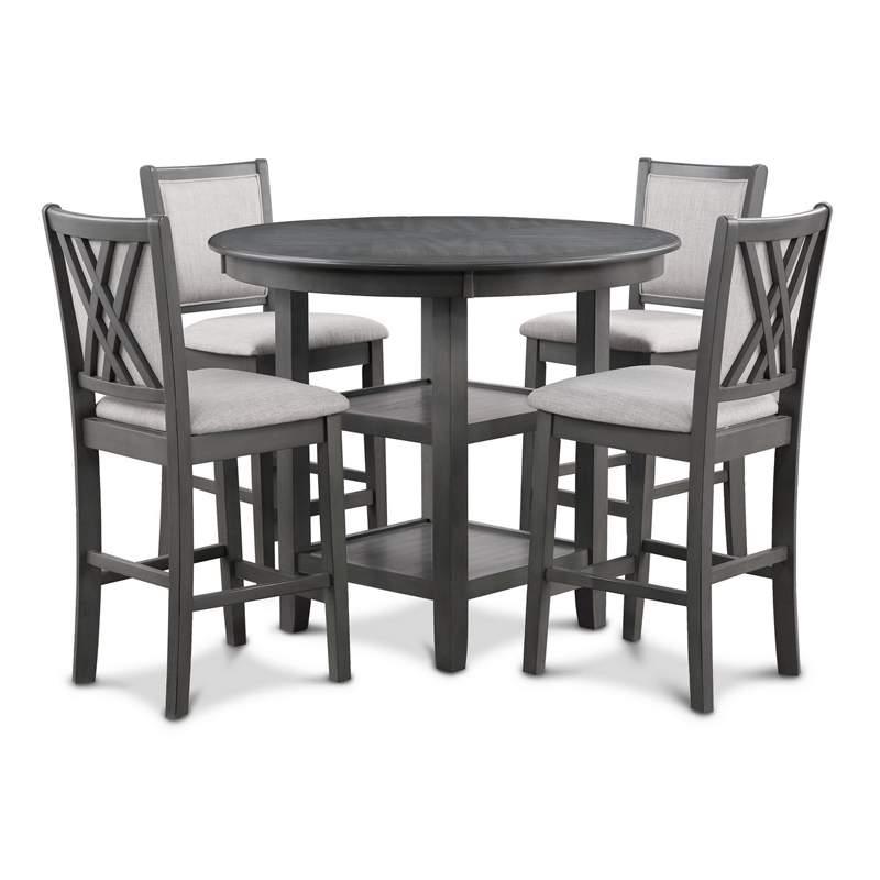 Benjara Isla 5 PC Counter Height Table Set- 4 Crossback Chairs- Gray Polyester