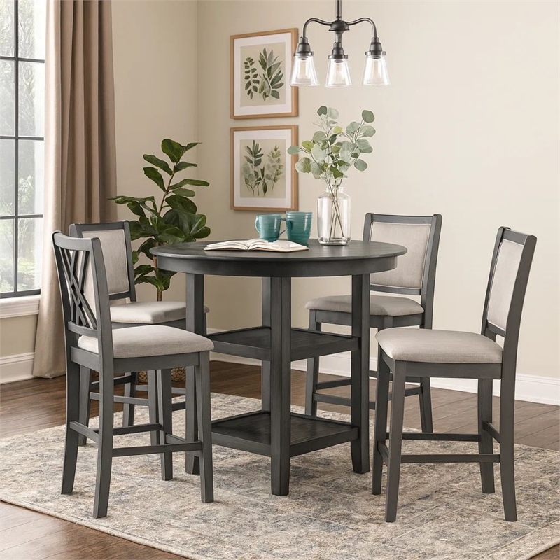 Benjara Isla 5 PC Counter Height Table Set- 4 Crossback Chairs- Gray Polyester