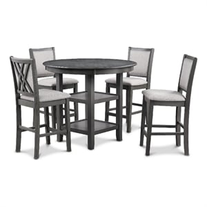 Benjara Isla 5 PC Counter Height Table Set- 4 Crossback Chairs- Gray Polyester