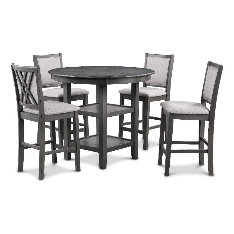 Benjara Isla 5 PC Counter Height Table Set- 4 Crossback Chairs- Gray Polyester
