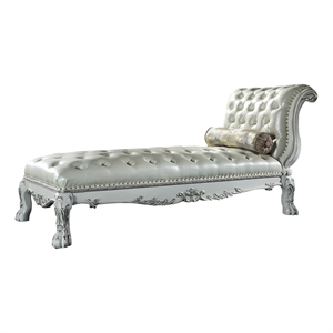 Benjara Ally 82&quot Chaise- Rolled Back- Tufted White Faux Leather with Pillow