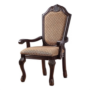 Benjara Loki 29&quot Dining Armchair Set of 2- Beige Fabric- Crown Top Back- Brown
