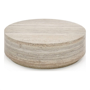 Benjara Lia 39&quot Coffee Table- Round Travertine Stone Finish Laminated Top