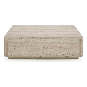 Benjara Lia 39&quot Coffee Table- Square Travertine Stone Finish Laminated Top