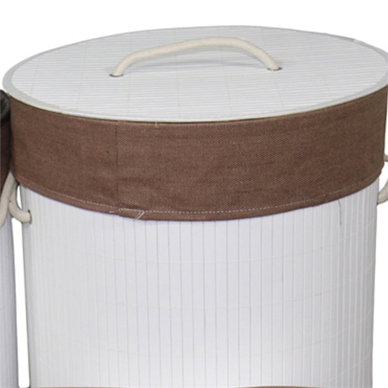 Benjara 5 Piece Laundry Basket and Tray Set- Round Folding Brown Bamboo- White