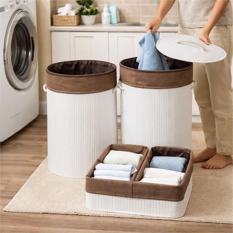 Benjara 5 Piece Laundry Basket and Tray Set- Round Folding Brown Bamboo- White
