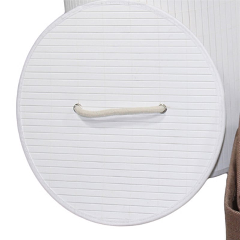 Benjara 5 Piece Laundry Basket and Tray Set- Round Folding Brown Bamboo- White