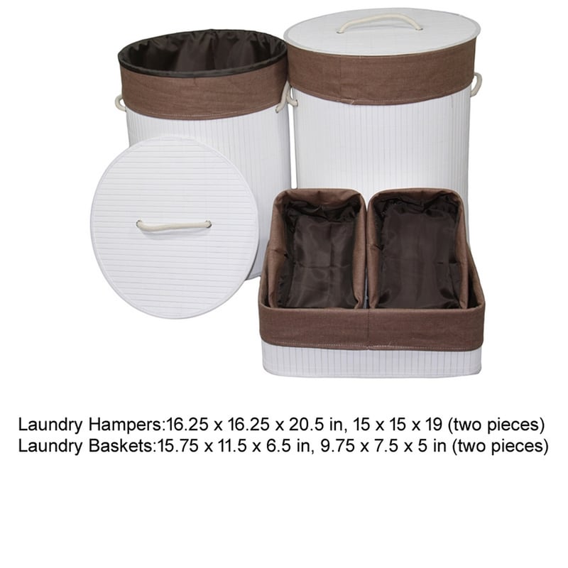 Benjara 5 Piece Laundry Basket and Tray Set- Round Folding Brown Bamboo- White