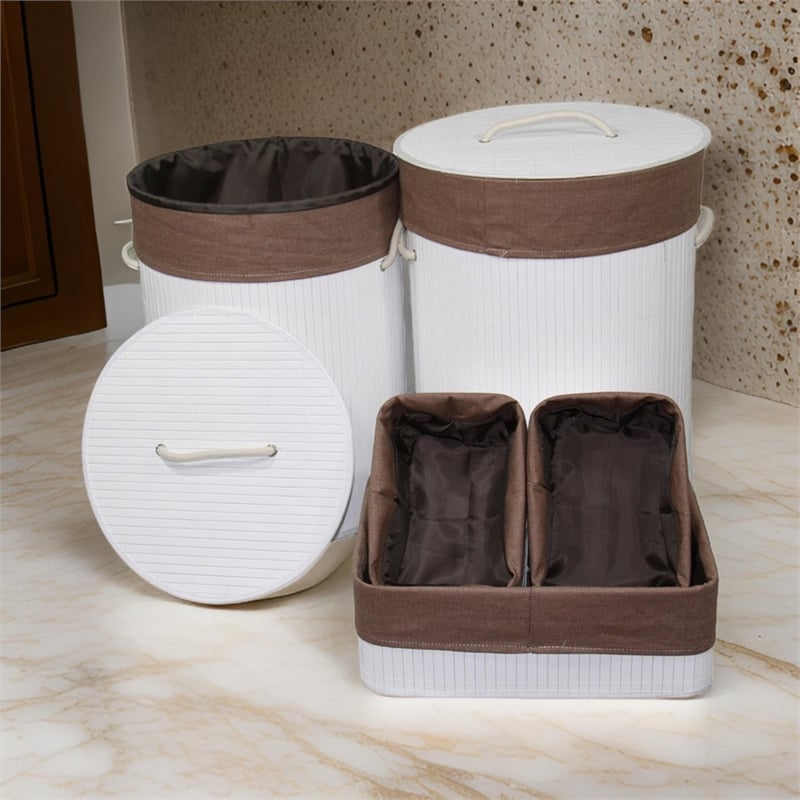 Benjara 5 Piece Laundry Basket and Tray Set- Round Folding Brown Bamboo- White