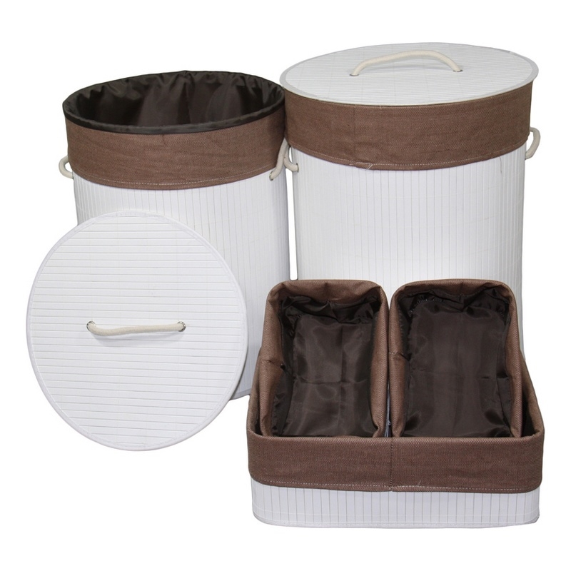 Benjara 5 Piece Laundry Basket and Tray Set- Round Folding Brown Bamboo- White