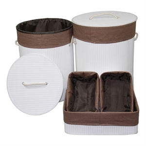 Benjara 5 Piece Laundry Basket and Tray Set- Round Folding Brown Bamboo- White