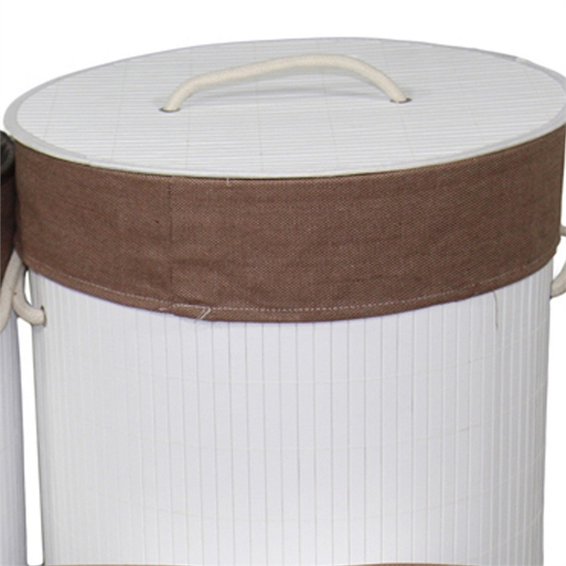 Benjara 5 Piece Laundry Basket and Tray Set- Round Folding Brown Bamboo- White