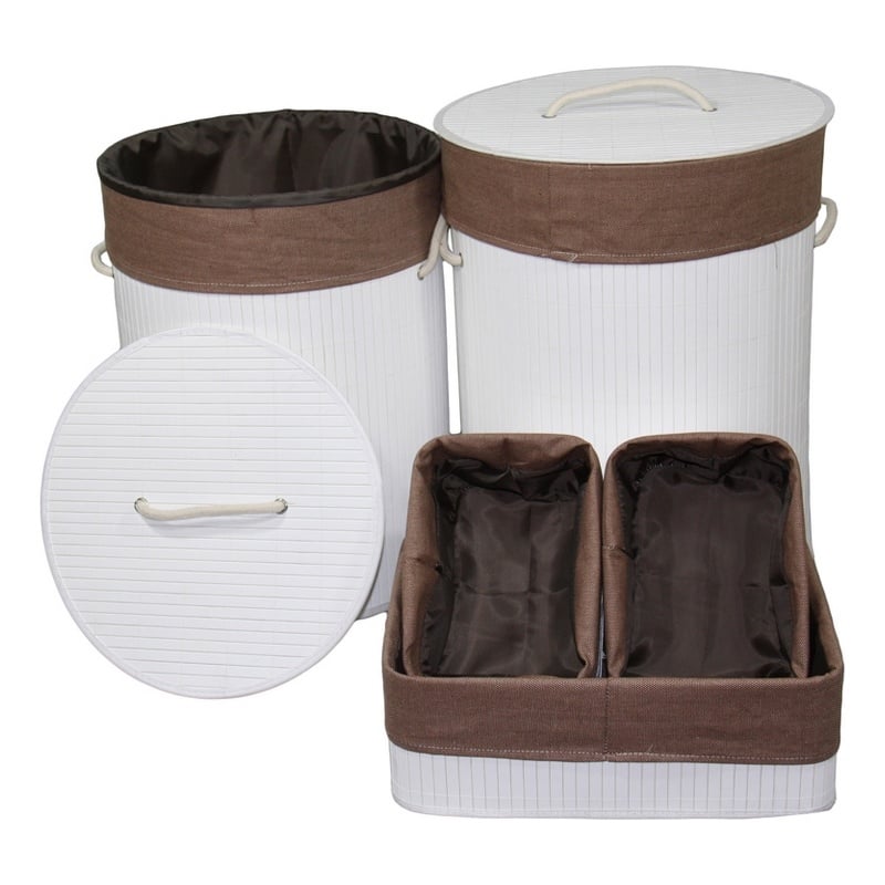 Benjara 5 Piece Laundry Basket and Tray Set- Round Folding Brown Bamboo- White