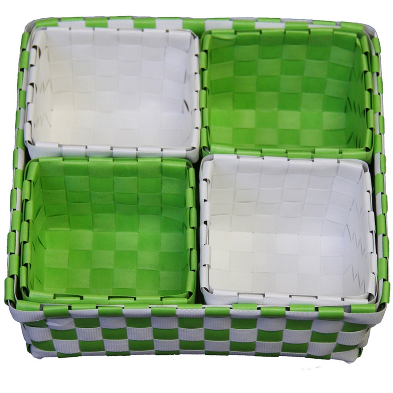 Benjara 5 Piece Basket and Trays- Hand Woven- Checkered Pattern- Green and White
