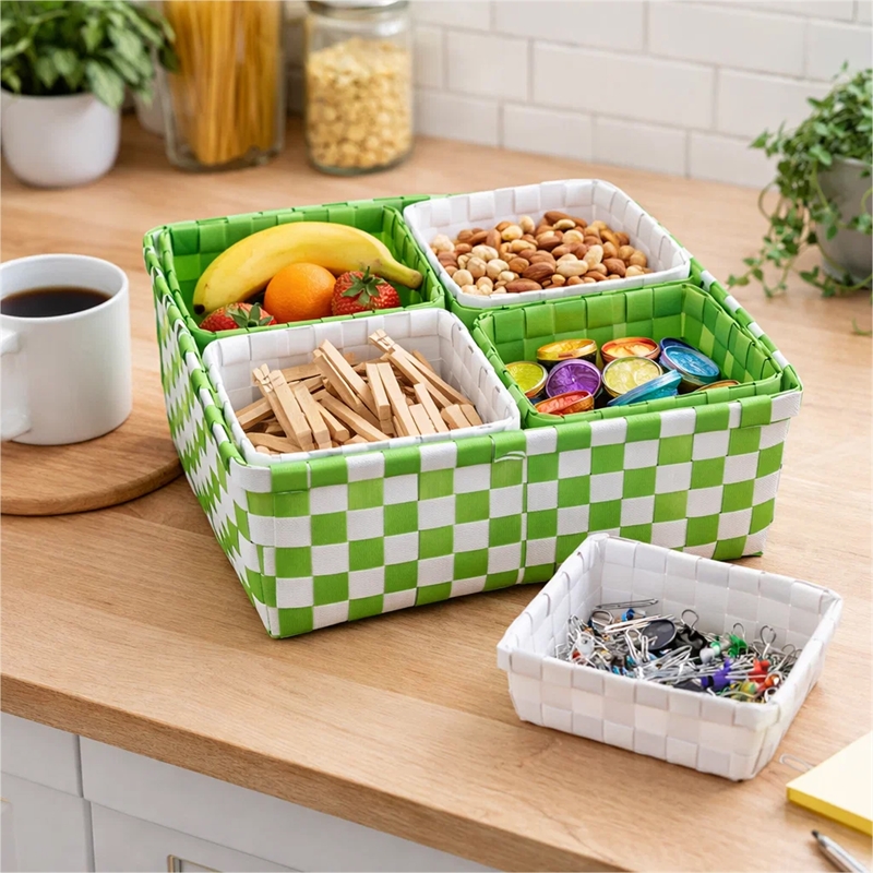 Benjara 5 Piece Basket and Trays- Hand Woven- Checkered Pattern- Green and White