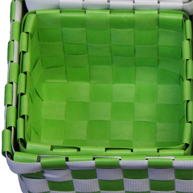 Benjara 5 Piece Basket and Trays- Hand Woven- Checkered Pattern- Green and White