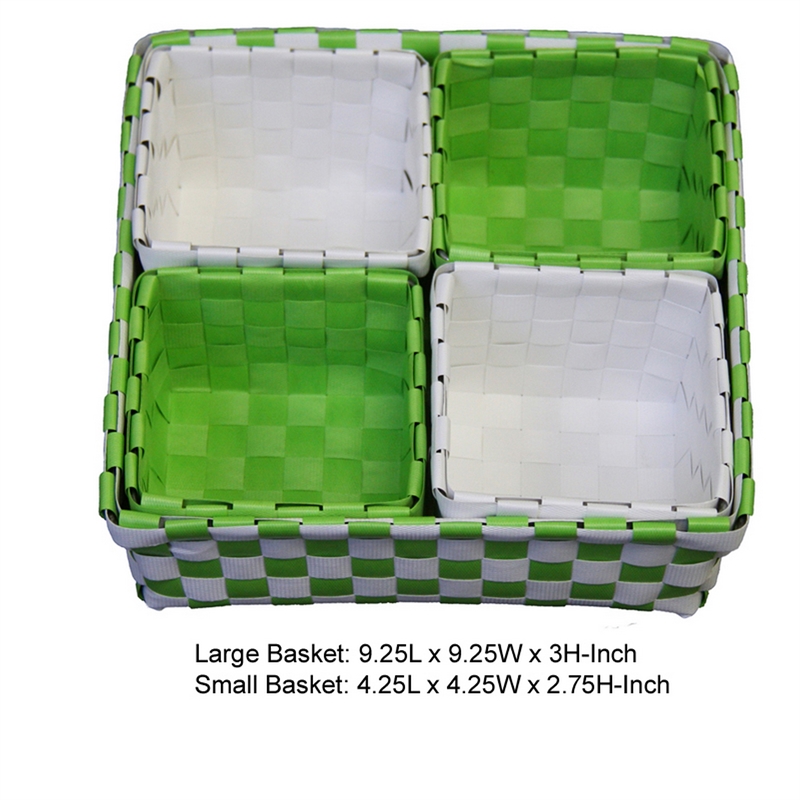 Benjara 5 Piece Basket and Trays- Hand Woven- Checkered Pattern- Green and White