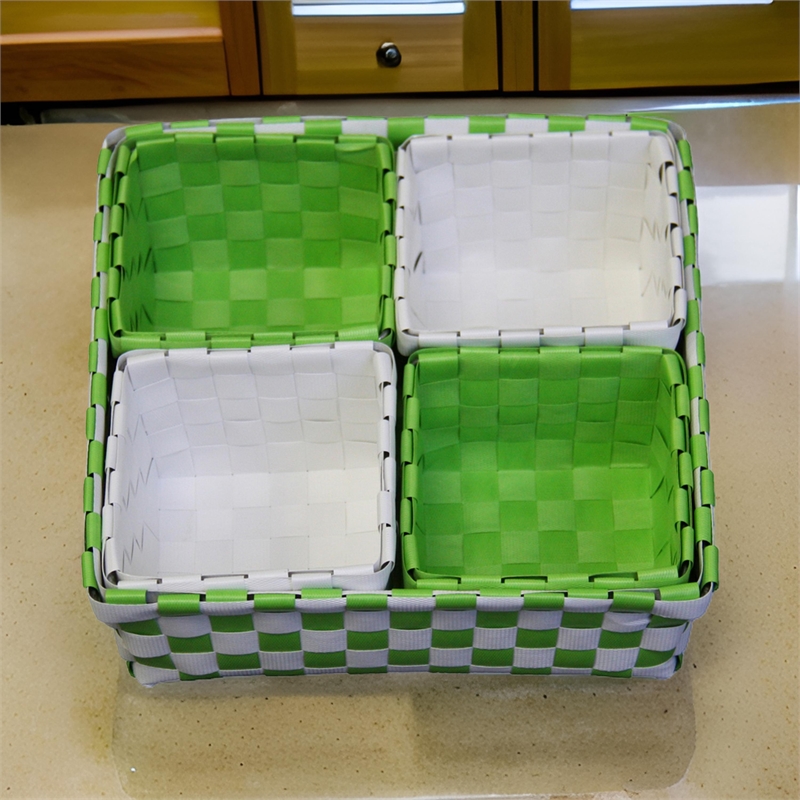 Benjara 5 Piece Basket and Trays- Hand Woven- Checkered Pattern- Green and White