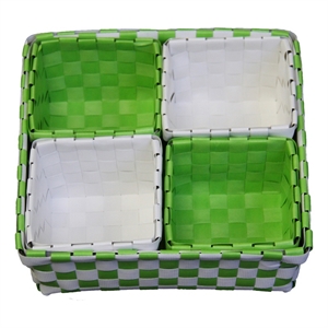 Benjara 5 Piece Basket and Trays- Hand Woven- Checkered Pattern- Green and White