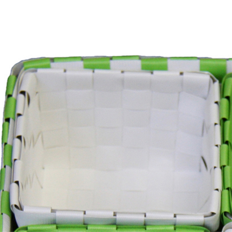 Benjara 5 Piece Basket and Trays- Hand Woven- Checkered Pattern- Green and White