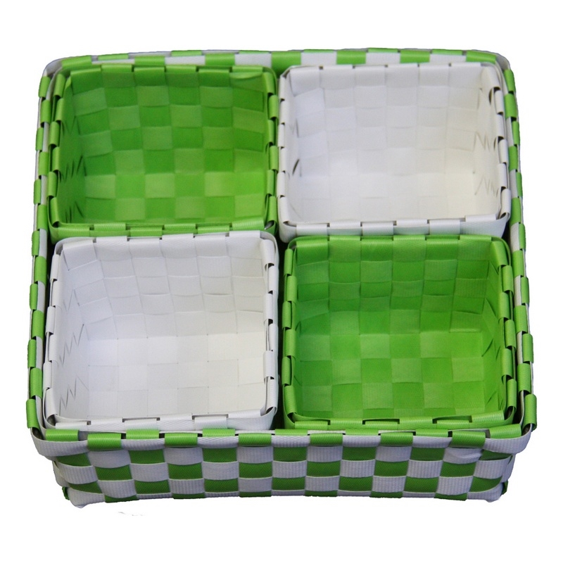 Benjara 5 Piece Basket and Trays- Hand Woven- Checkered Pattern- Green and White