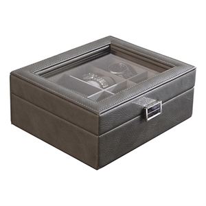 Benjara 9&quot Watch Case with 8 Spaces- Gray Faux Leather- Lined- Glass Lid- Black