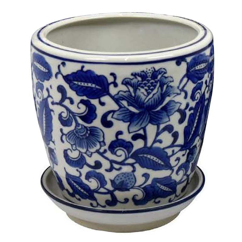 Benjara Planter With Saucer Set of 4- Vintage Blue Floral Print- White Ceramic