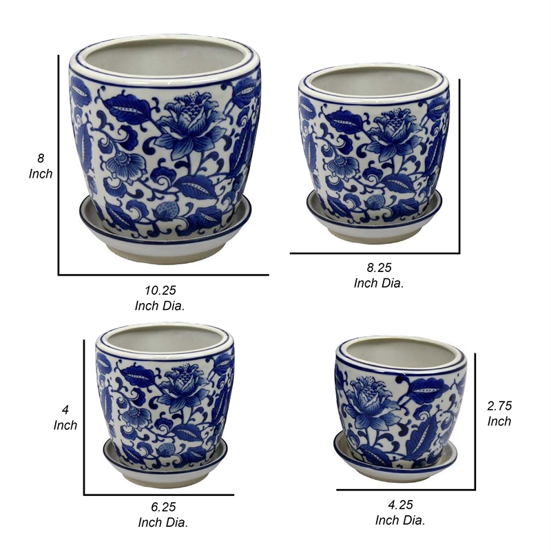 Benjara Planter With Saucer Set of 4- Vintage Blue Floral Print- White Ceramic