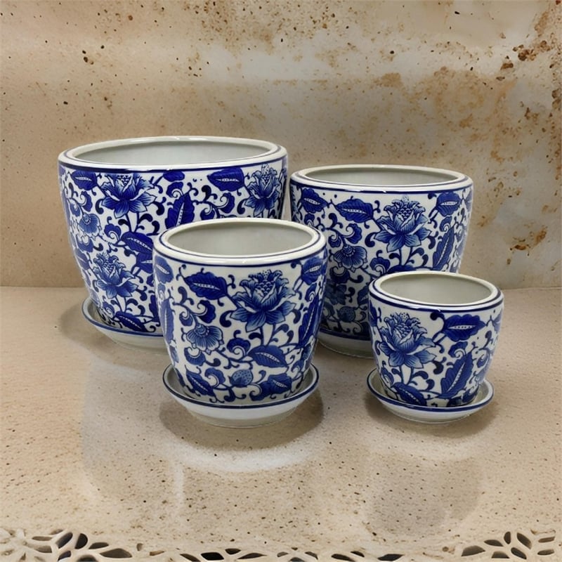 Benjara Planter With Saucer Set of 4- Vintage Blue Floral Print- White Ceramic