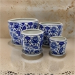 Benjara Planter With Saucer Set of 4- Vintage Blue Floral Print- White Ceramic