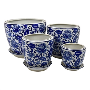 Benjara Planter With Saucer Set of 4- Vintage Blue Floral Print- White Ceramic